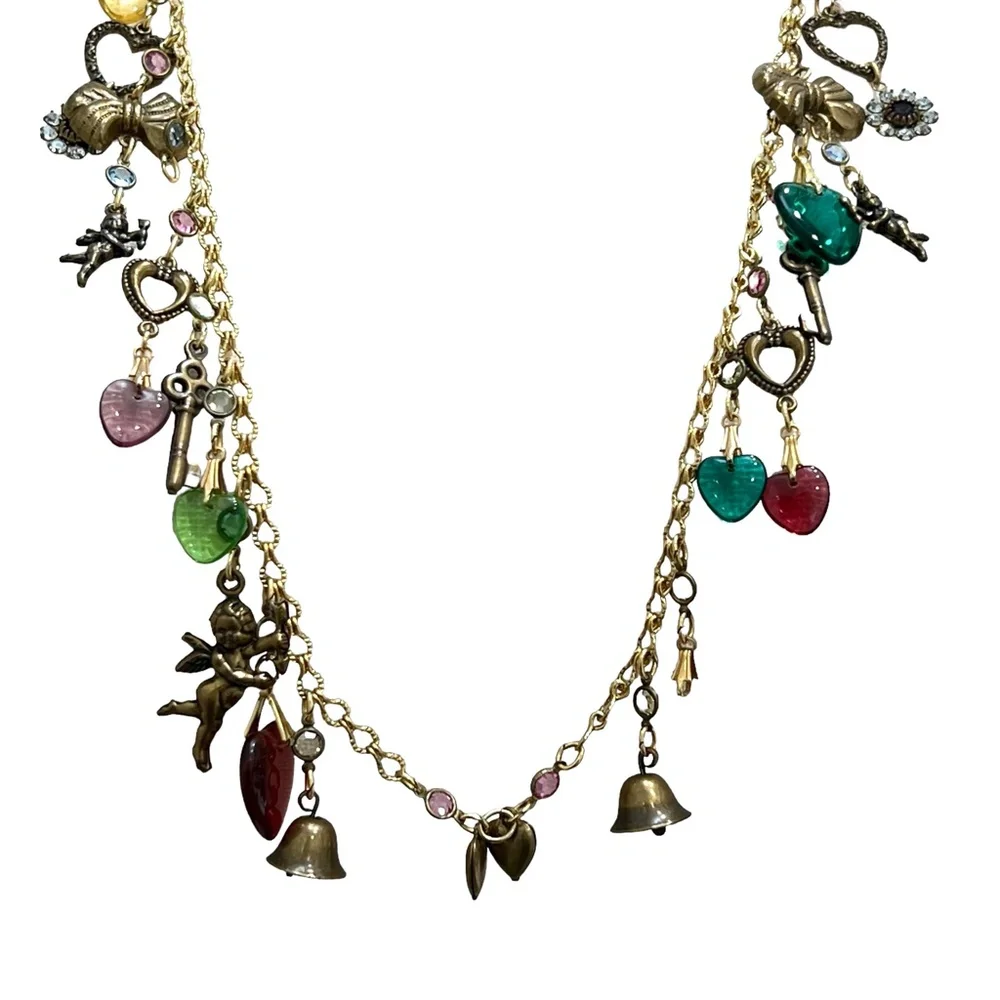 VINTAGE CHARM NECKLACE WITH CUPIDS, HEARTS , BELLS, KEYS & FLOWERS - Picture 14 of 16